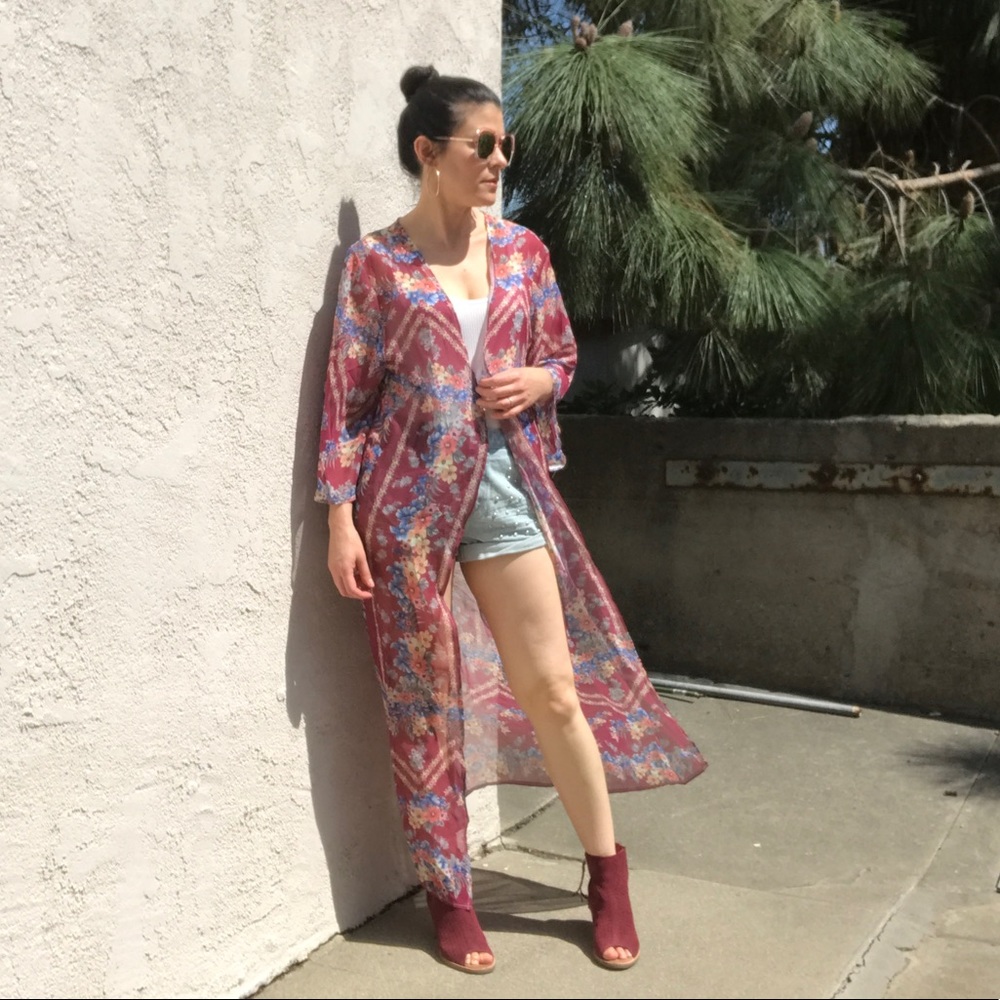 NWOT Burgundy Floral Long Kimono/Duster - Picture 1 of 8